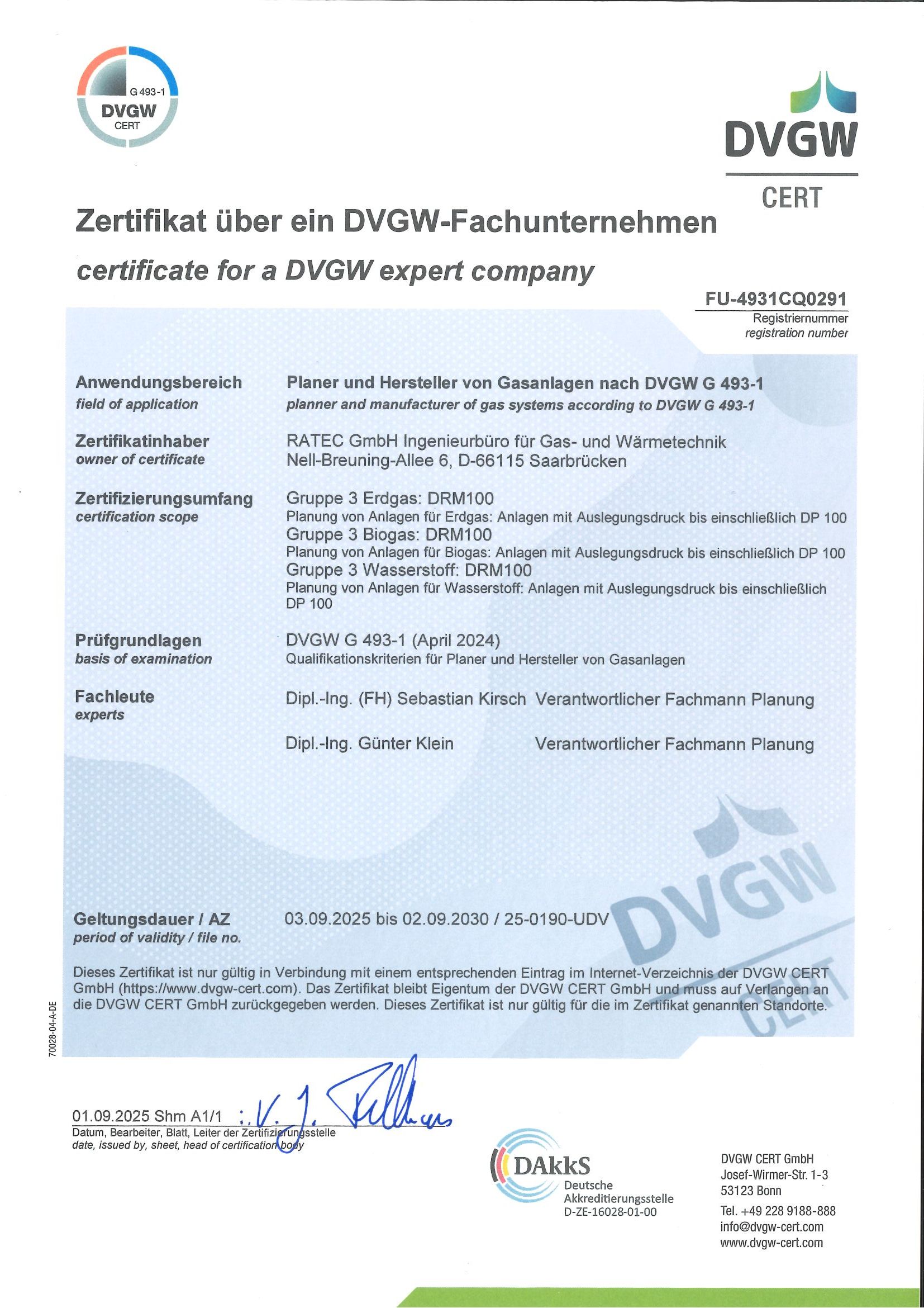 Zertifikat über ein DVGW-Fachunternehmen